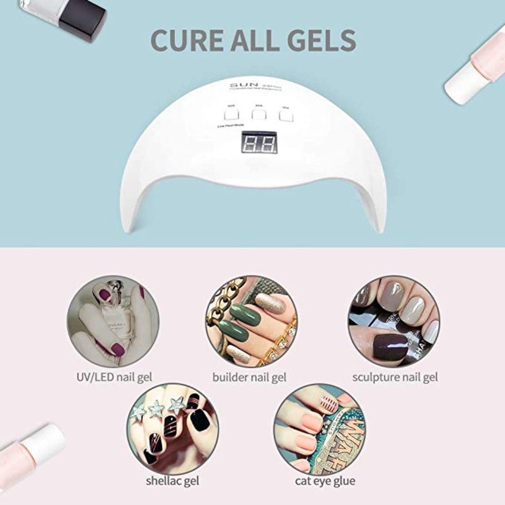 at home Gel Nail Cure Lamp with lots of polish